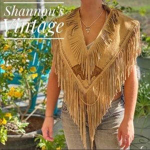 Handcrafted XL fringed leather poncho A2.